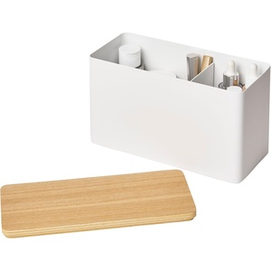 image:imageYAMAZAKI Home Rin Countertop Organizer Bathroom Kitchen Counter Organizer Metal Toiletries Holder  Steel  Wood  Versatile kitchen and bathroom countertop organizer Designed for convenient home organization Suits modern home storageWhite