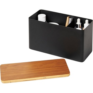 image:imageYAMAZAKI Home Rin Countertop Organizer Bathroom Kitchen Counter Organizer Metal Toiletries Holder  Steel  Wood  Versatile kitchen and bathroom countertop organizer Designed for convenient home organization Suits modern home storageBlack