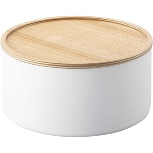 image:imageYAMAZAKI Home Rin Round Storage Case Snacks Toy Or Craft Supplies Holder Sewing Box Organizer Wooden Lid Tray  Tall  Steel  WoodAsh