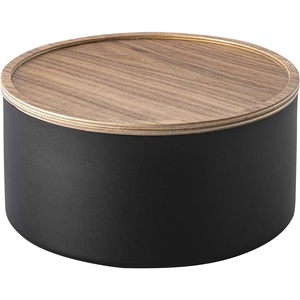 image:imageYAMAZAKI Home Rin Round Storage Case Snacks Toy Or Craft Supplies Holder Sewing Box Organizer Wooden Lid Tray  Tall  Steel  WoodWalnut