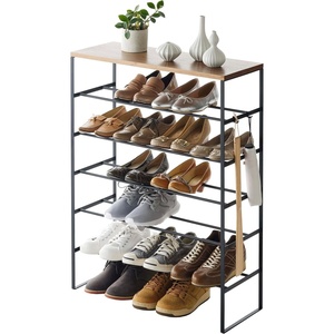 image:imageYAMAZAKI Home SixTier Shoe Organizer  Tall Slim Shoe Rack for Entryway or Closet Narrow Metal Shoe Storage with Wooden Top Modern SpaceSaving Design Steel Black Easy AssemblyBlack
