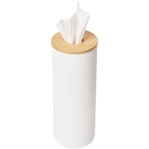 image:imageYamazaki Home Rin Reusable Round Tissue Case Car Tissue Holder Slim Metal Tissue Container with Wooden Lid  Small  Steel  WoodAsh