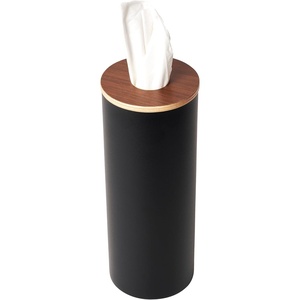 image:imageYamazaki Home Rin Reusable Round Tissue Case Car Tissue Holder Slim Metal Tissue Container with Wooden Lid  Small  Steel  WoodWalnut