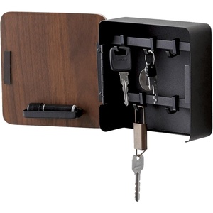 image:imageYAMAZAKI Home Rin Square Magnetic Key Cabinet  Wood Accented Keychain Organizer  Steel  WoodWalnut
