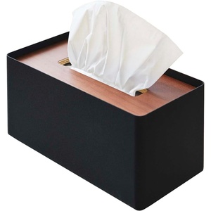 image:imageYamazaki Home Rin Reusable Tissue Box Cover Metal Holder Container Case with Natural Wooden Lid  SteelWalnut