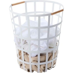 image:imageYamazaki Home Tosca Round Laundry Basket Saving 18  Steel  Wood  105 Gallon 40 Liters  Round wire laundry basket featuring a durable steel and wood construction Perfect for maximizing storage space Saves spaceWhite