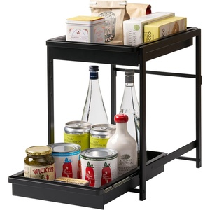 image:imageYamazaki Home UnderSink Rack TwoTier with PullOut Shelf Steel Black  Versatile undersink rack features a twotier organization system with sliding drawers Adds practical everyday storageBlack