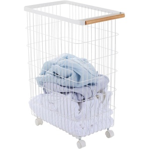 image:imageYamazaki Home Wire Slim Saving Rolling Wheeled Clothing Hamper  Steel  Wood  Laundry Basket One Size White  Heavyduty wire laundry hamper with wheels The rolling laundry cart features a convenient builtin handle Holds up to 55Llaundry hamper