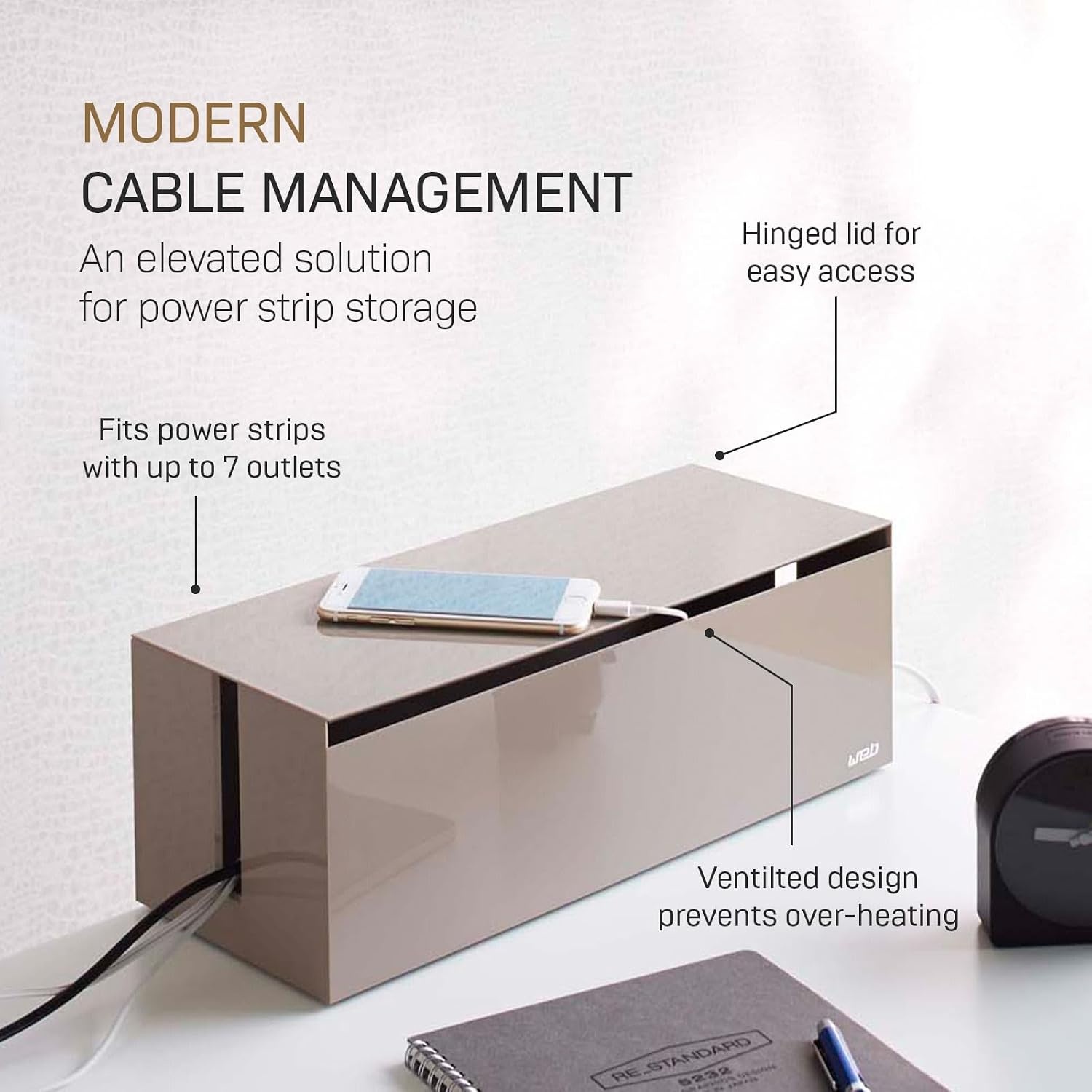 image:imageYamazaki Home Cable Management Box  Cord Organizer Box with Lid Minimalist Cable Storage for Office ABS Plastic  Sleek cable storage container for office spaces Removable lid prevents dust buildup Helps keep everyday tech organizedTaupe