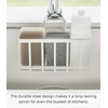 image:imageYAMAZAKI Home Tower FaucetHanging Sponge Caddy Kitchen Sink Dish Soap Bottle Brush Scrubber Organizer Holder Metal with Silicone Protection  SteelWhite