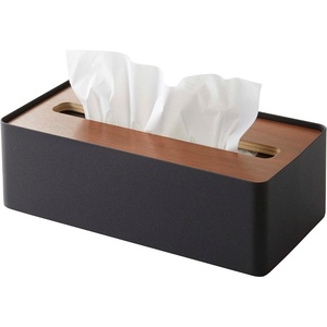 image:imageYAMAZAKI Home Rin Rectangular Tissue Box Holder  Metal Dispenser and Tissue Organizer with Wooden Lid  Short  Steel  Wood