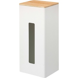 image:imageYamazaki Home Rin Vertical Double Sided Tissue Box Holder with Adjustable Divider Metal Paper Or Bag Dispenser with Wooden Lid  Steel  WoodWhite