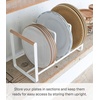 image:imageYAMAZAKI Home WoodAccented Dish Storage Rack  Kitchen Organizer Holder Stand Steel  Wood Large No Assembly Req  Sleek vertical plate organizer holds dishes upright to maximize cabinet space Nonslip silicone tracks protect from damageWhite
