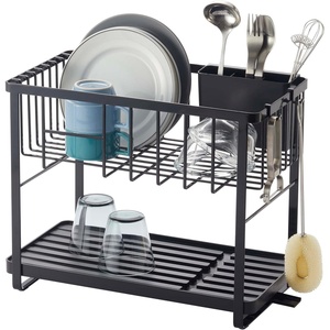 image:imageYAMAZAKI Home TwoTier Adjustable Dish Drainer Rack Compact Drying Rack with Hooks Utensils Holder Steel Draining Spout Water Resistant No Assembly Req  Twotier adjustable dish drainer rack with side hooks and a dedicated utensils holder Helps keep everyday spaces organizedBlack