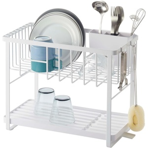 image:imageYAMAZAKI Home TwoTier Adjustable Dish Drainer Rack Compact Drying Rack with Hooks Utensils Holder Steel Draining Spout Water Resistant No Assembly Req  Twotier adjustable dish drainer rack with side hooks and a dedicated utensils holder Helps keep everyday spaces organizedWhite