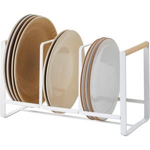 image:imageYAMAZAKI Home WoodAccented Dish Storage Rack  Kitchen Organizer Holder Stand Steel  Wood Large No Assembly Req  Sleek vertical plate organizer holds dishes upright to maximize cabinet space Nonslip silicone tracks protect from damageWhite